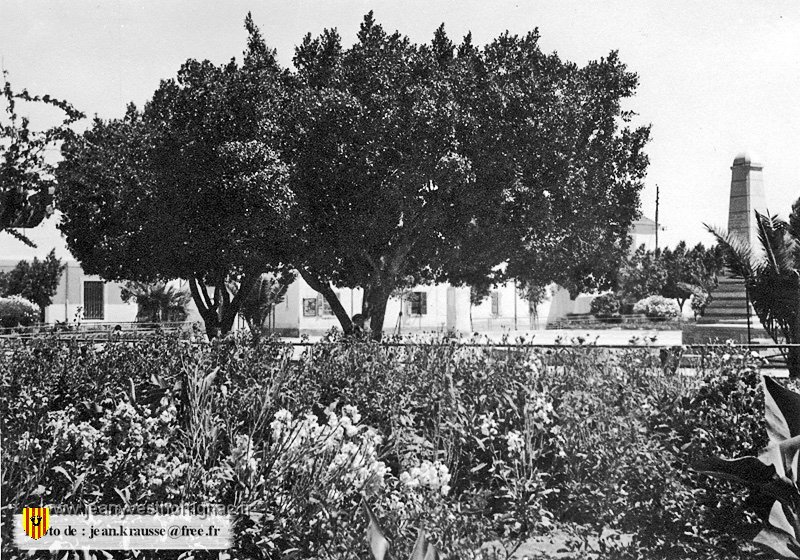 08 1938 Ain El Arba Jardin copie.jpg - Le jardin avec en arrière-plan, le monument aux morts - 1938. (photo Jean Krausse)